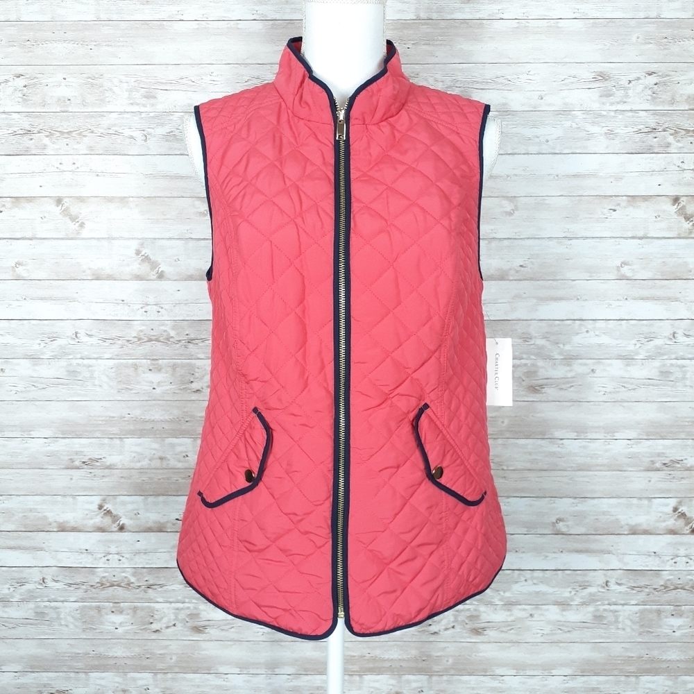 Charter Club Quilted Vest Coral Navy Pockets J - Picture 3 of 8